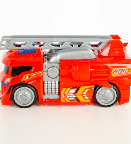 Set of four Teamsterz red and gray fire truck toys, 30 x 16 x 13 cm, for children’s play vehicles and games.