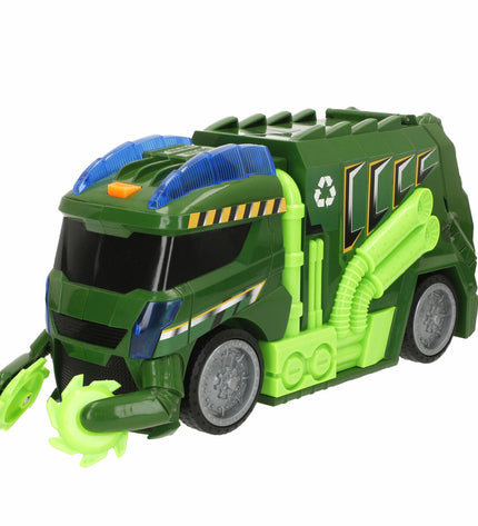 Set of four Teamsterz toy garbage trucks, colorful plastic vehicles for play and collection, suitable for children.