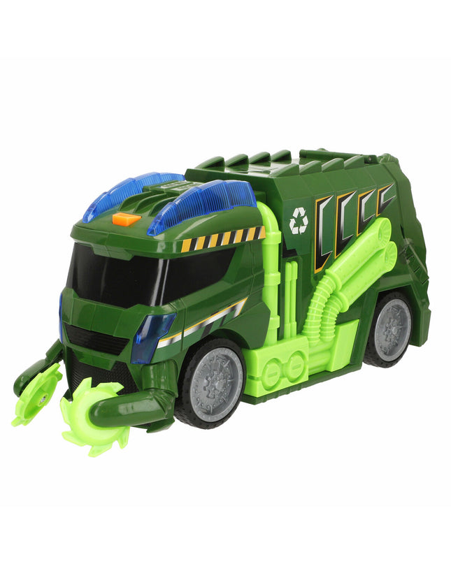 Set of four Teamsterz toy garbage trucks, colorful plastic vehicles for play and collection, suitable for children.