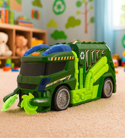 Set of four Teamsterz toy garbage trucks, colorful plastic vehicles for children’s play, designed for imaginative vehicle role-play.