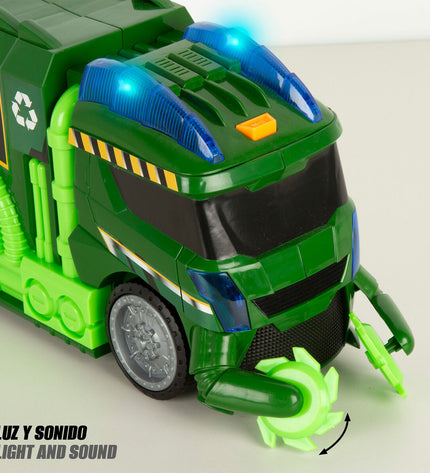 Set of four Teamsterz toy garbage trucks, colorful plastic vehicles for children, in a playful vehicle toy collection.
