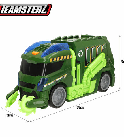 Set of four Teamsterz toy garbage trucks, colorful plastic vehicles designed for children’s play and imaginative fun.