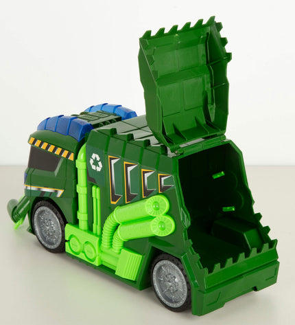 Four Teamsterz toy garbage trucks, colorful plastic vehicles for children, part of the speelgoed en games voertuig collection.