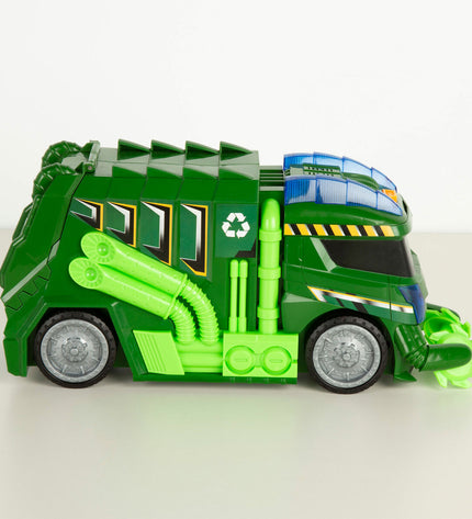 Set of four Teamsterz toy garbage trucks from the vehicles collection, detailed plastic construction for kids' play.