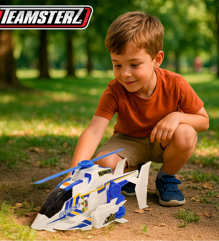 Set of four Teamsterz helicopter toy vehicles, colorful plastic construction, suitable for children’s play and imaginative fun.