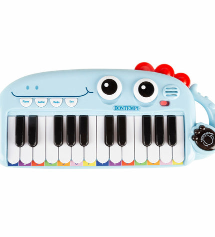Set of four Bontempi Dino-themed educational musical instruments, colorful plastic toys for children's learning and play.
