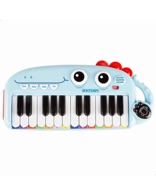 Set of four Bontempi Dino-themed educational musical instruments, colorful plastic toys for children's learning and play.