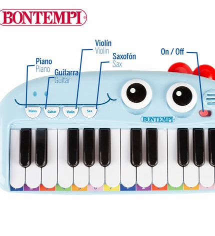 Set of four Bontempi Dino-themed educational musical instruments for children, colorful plastic with size 30x4x14 cm.