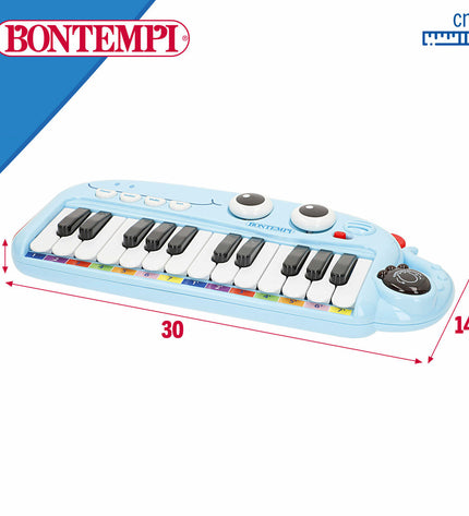 Set of four Bontempi Dino-themed educational musical instruments, colorful plastic toys for children's play and learning.