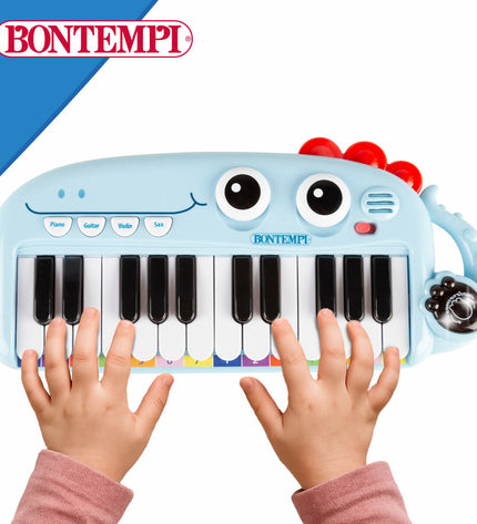 Set of four Bontempi Dino-themed educational musical instruments, colorful plastic toys for children, 30 x 4 x 14 cm each.