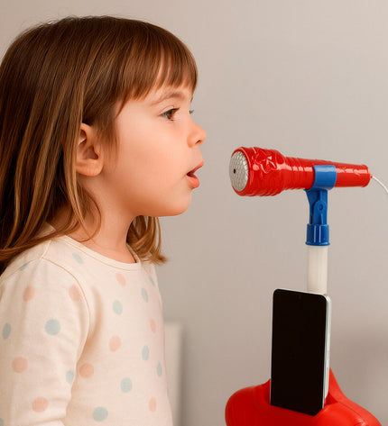 Colorful Bontempi toy microphone for kids, featuring bright design and realistic musical instrument details for playful entertainment.