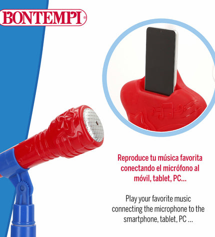 Colorful Bontempi toy microphone for kids, featuring playful design and buttons, ideal for children's music and pretend play.