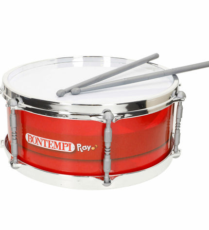 Set of four Bontempi plastic drums, 31x15x31 cm, in red, designed for children's toys and musical play.