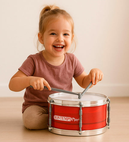 Set of four red plastic Bontempi tambourine drums, 31x15x31 cm, for children's musical toys and games.