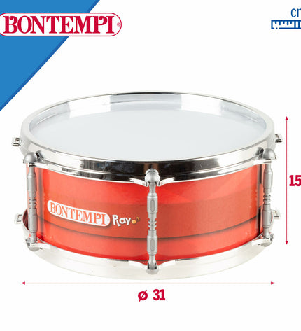 Set of four red Bontempi plastic drums, 31x15x31 cm, children's musical toys for kids' music and play activities.