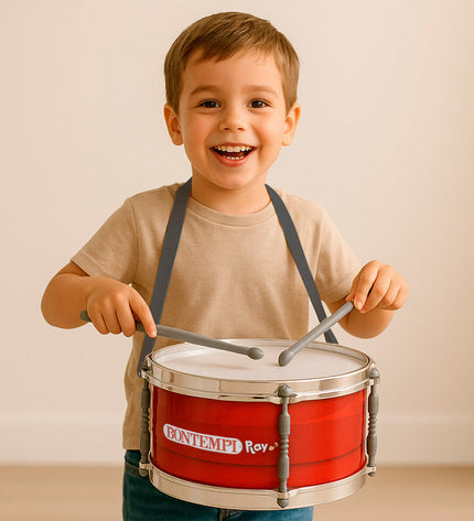 Set of four Bontempi plastic drums in red, 31x15x31 cm, for kids' musical toys and games, colorful and fun for children.