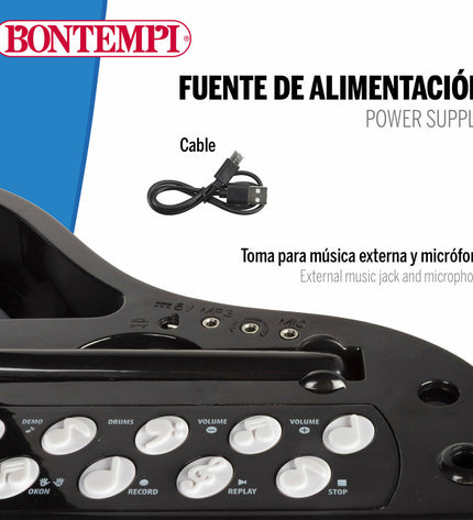 Two Bontempi educational toy musical instrument sets in bright colors, with colorful panels and size 40x62x33 cm, for kids.