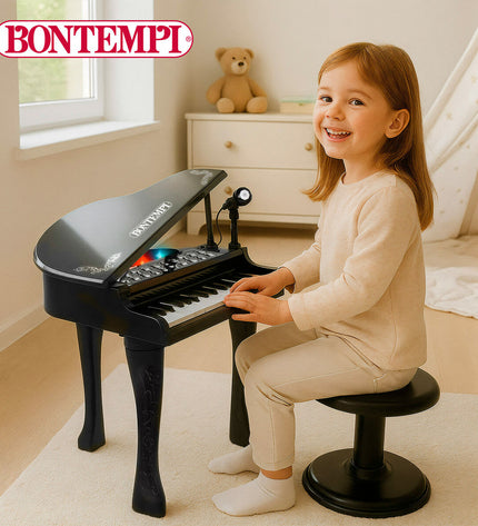 Pair of Bontempi colorful educational musical play plans for children, measuring 40x62x33 cm, featuring toy instruments and learning tools.