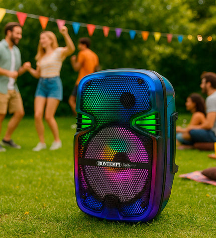 Two Bontempi electronic toy speakers with karaoke microphones, colorful and designed for kids' play and entertainment.
