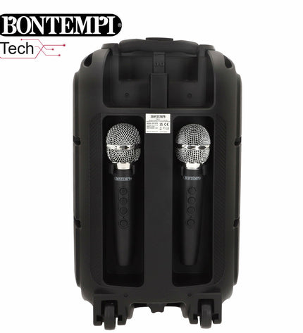 Two Bontempi toy speakers with karaoke microphones for children, featuring colorful designs and electronic play features.