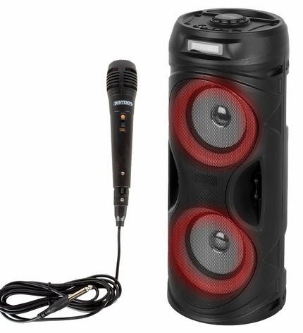 Pair of Bontempi electronic toy speakers with karaoke microphones, colorful and fun for kids' play and singing activities.