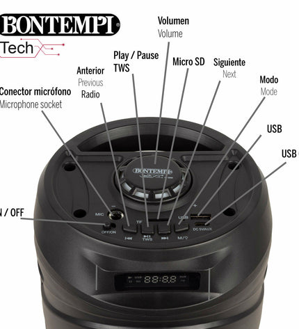 Pair of Bontempi electronic toy speakers with karaoke microphones, featuring colorful, furry designs for kids' play and singing fun.