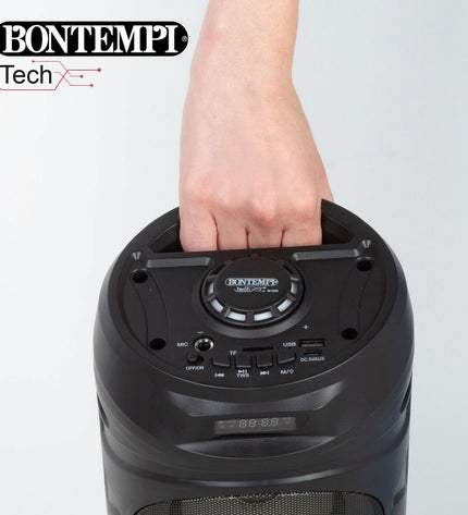 Pair of Bontempi electronic toy speakers with karaoke microphones, colorful plastic design for kids' entertainment and singing play.