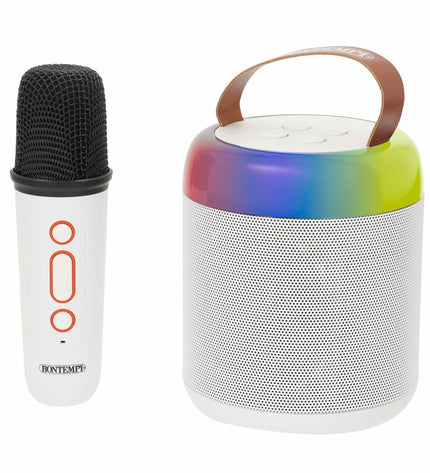 Two Bontempi electronic toy speakers with karaoke microphones, featuring colorful designs and toy electronics for kids.