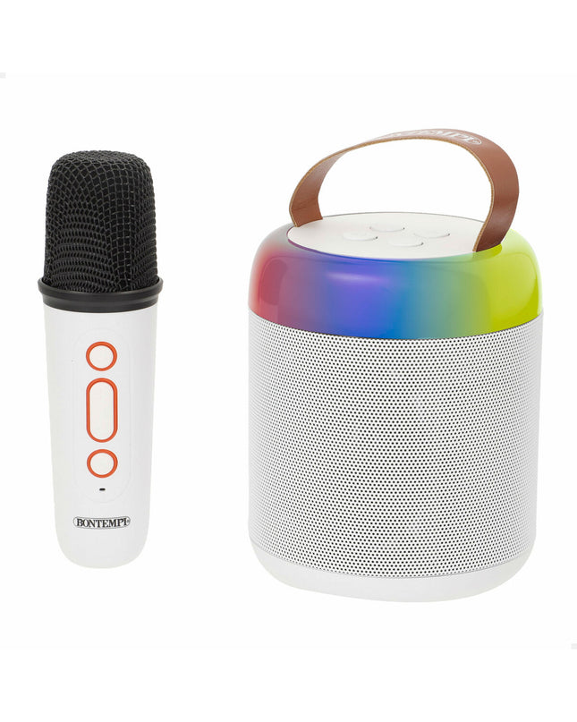 Two Bontempi electronic toy speakers with karaoke microphones, featuring colorful designs and toy electronics for kids.