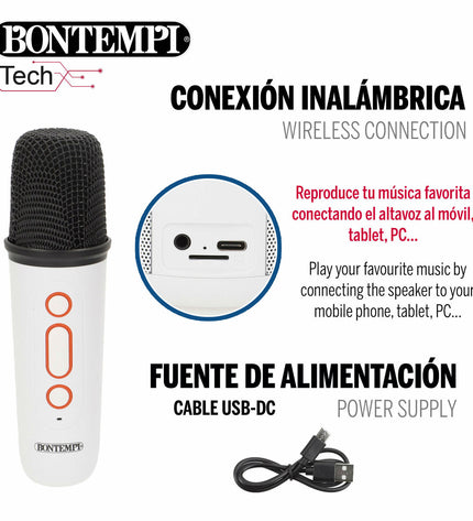 Pair of Bontempi electronic toys featuring colorful speakers and karaoke microphones, perfect for kids' singing and play.