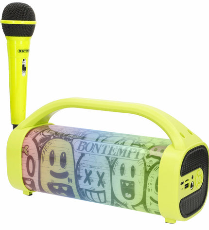 Two Bontempi toy speakers with karaoke microphones, colorful electronic toys for kids, perfect for singing and play.