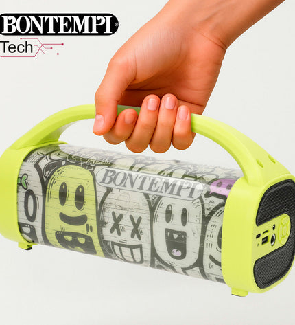 Pair of Bontempi electronic toy speakers with karaoke microphones, colorful and fun for kids' singing and entertainment activities.