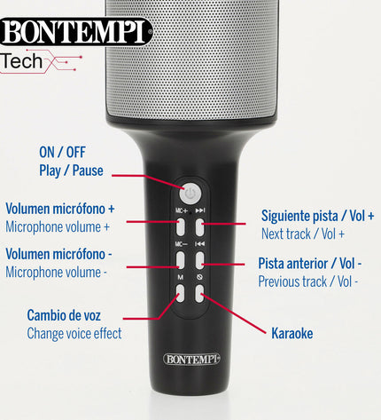 Colorful Bontempi karaoke microphone for children, featuring playful design and built-in speaker for fun singing sessions.