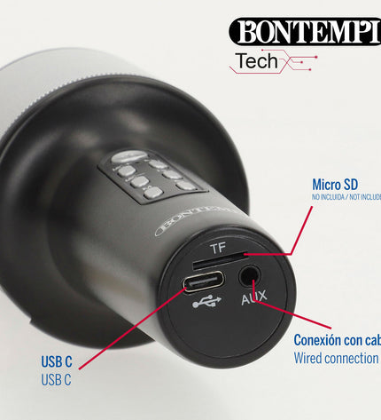Colorful Bontempi karaoke microphone toy for kids, featuring playful design and built-in speaker for singing fun.