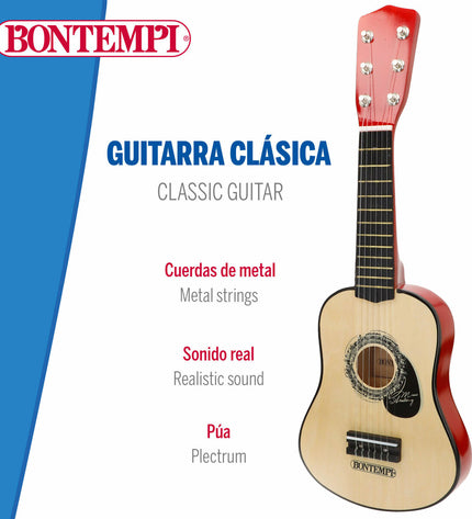 Two Bontempi toy guitars, 19 x 55 x 6 cm, colorful plastic musical instruments for children, with strings and playful design.