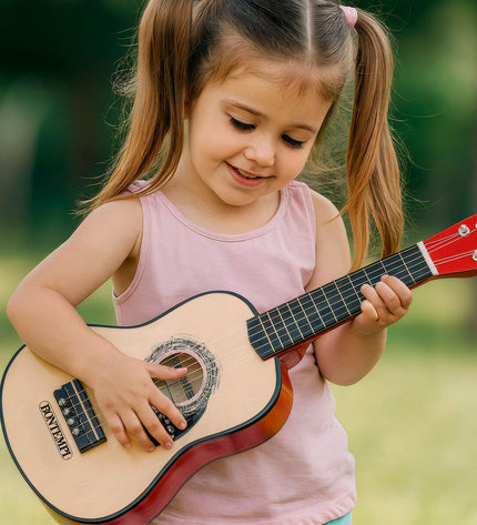 Pair of Bontempi children's toy guitars, 19x55x6 cm, colorful plastic musical instruments for kids to play and explore sound.