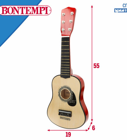 Pair of Bontempi children's toy guitars, 19x55x6 cm, colorful plastic musical instruments for kids' play and learning.