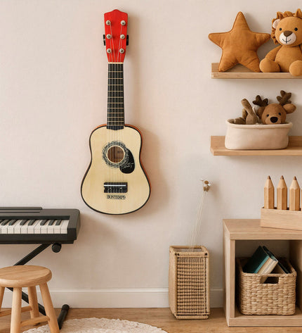 Two Bontempi children's guitars, 19x55x6 cm, colorful plastic toy musical instruments for kids, perfect for young beginners.