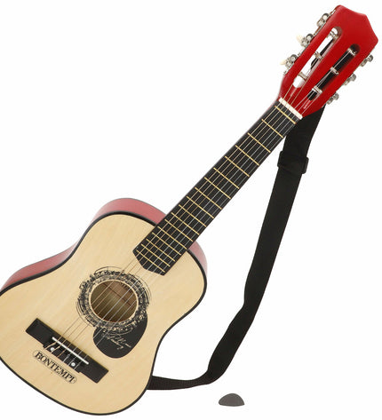 Pair of Bontempi children's toy guitars, 28x75x8 cm, colorful plastic musical instruments for kids' play and learning.