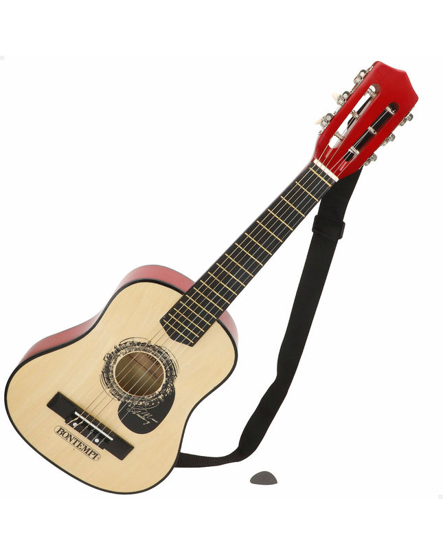 Pair of Bontempi children's toy guitars, 28x75x8 cm, colorful plastic musical instruments for kids' play and learning.