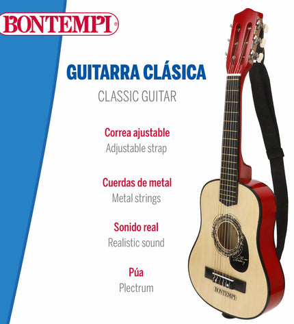 Two Bontempi children's toy guitars, 28x75x8 cm, colorful plastic musical instruments for kids' play and music learning.