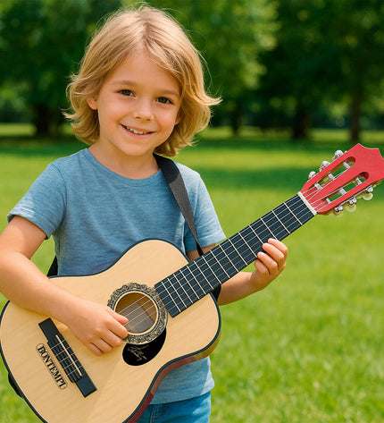 Pair of Bontempi children's toy guitars, 28x75x8 cm, colorful plastic musical instruments for kids' play and music exploration.