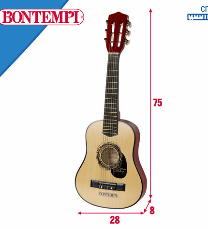 Pair of Bontempi children's toy guitars, 28x75x8 cm, colorful plastic musical instruments for kids' play and learning.
