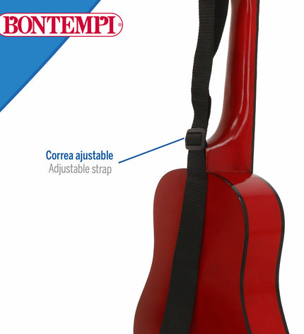 Pair of Bontempi children's toy guitars, 28x75x8 cm, colorful plastic musical instruments for kids' play and music activities.