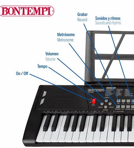 Two Bontempi electronic toy pianos for children, measuring 68x88x38 cm, with colorful keys and compact design for young musicians.
