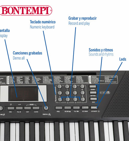 Pair of Bontempi electronic toy pianos for children, measuring 75x20x22 cm, with colorful keys and playful design
