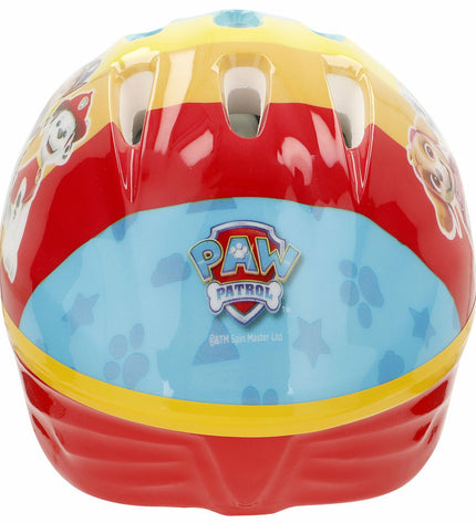 Children's Paw Patrol bike helmet in blue with character designs, adjustable fit for ages 48-52 cm, ideal for outdoor cycling.