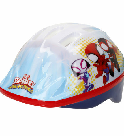 Kinder Spidey fietshelm in sport en outdoor style, size 48-52 cm, with a colorful Spidey design for children riding bikes.