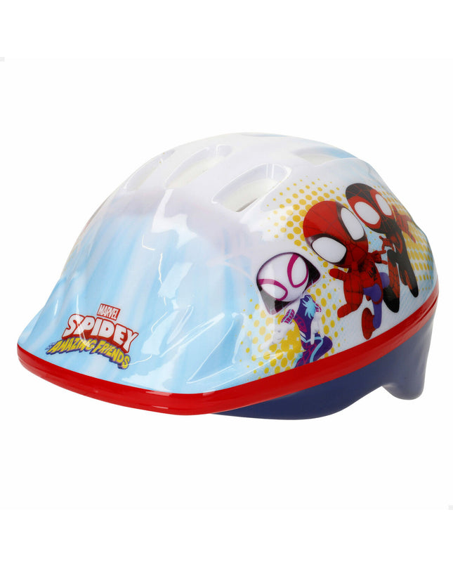 Kinder Spidey fietshelm in sport en outdoor style, size 48-52 cm, with a colorful Spidey design for children riding bikes.