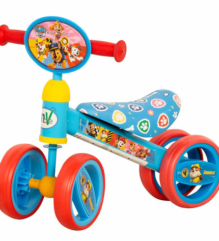 Two Paw Patrol ride-on toy driewielers, colorful plastic scooters with character designs, measuring 47x37x25 cm for outdoor play.